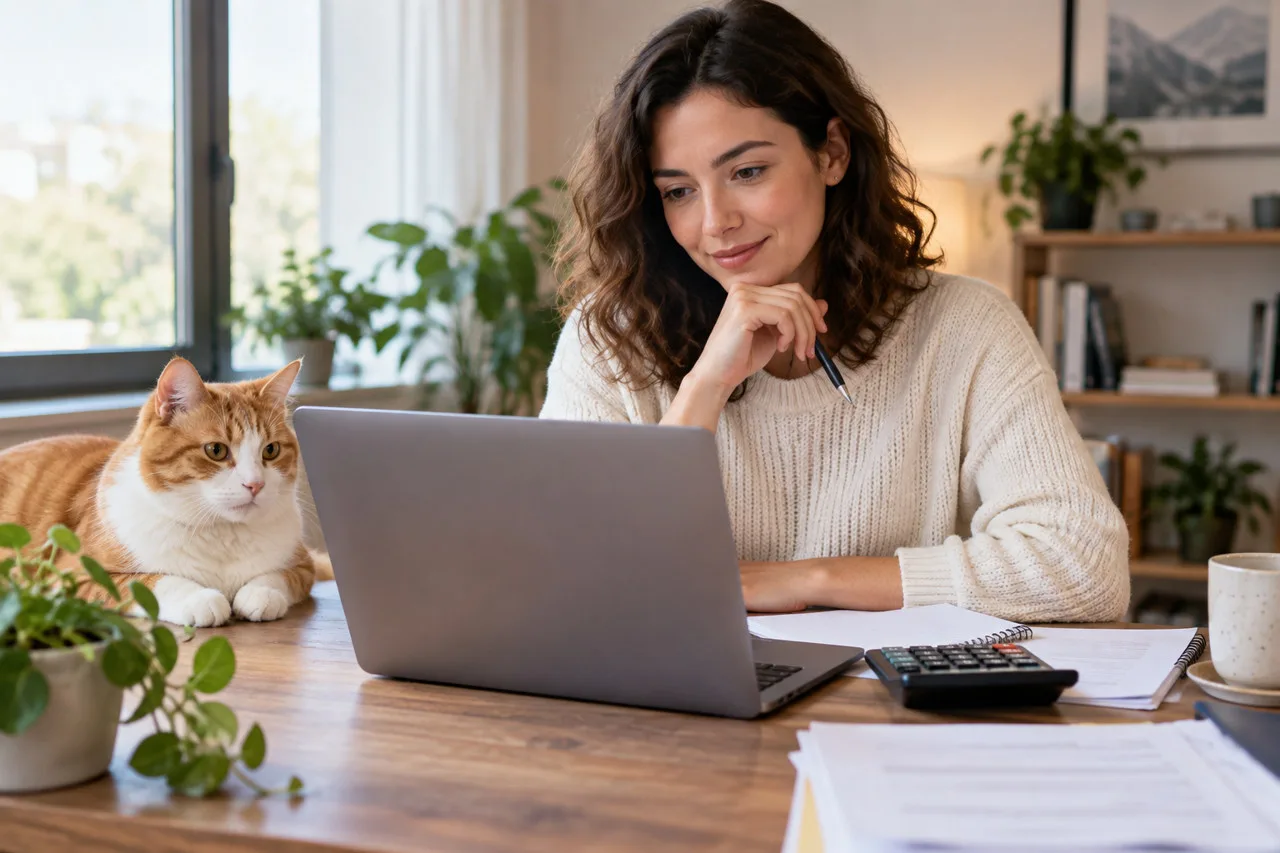 Owner reviewing a document beside a cat