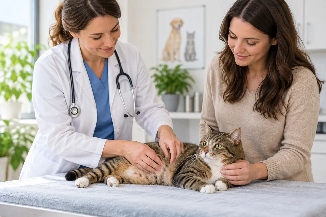 Veterinarian examining a cat while its owner watches